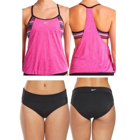 NWT Nike Texture Stripe Layered Tankini Top & Essential Full Bikini Bottom Small - Picture 1 of 16